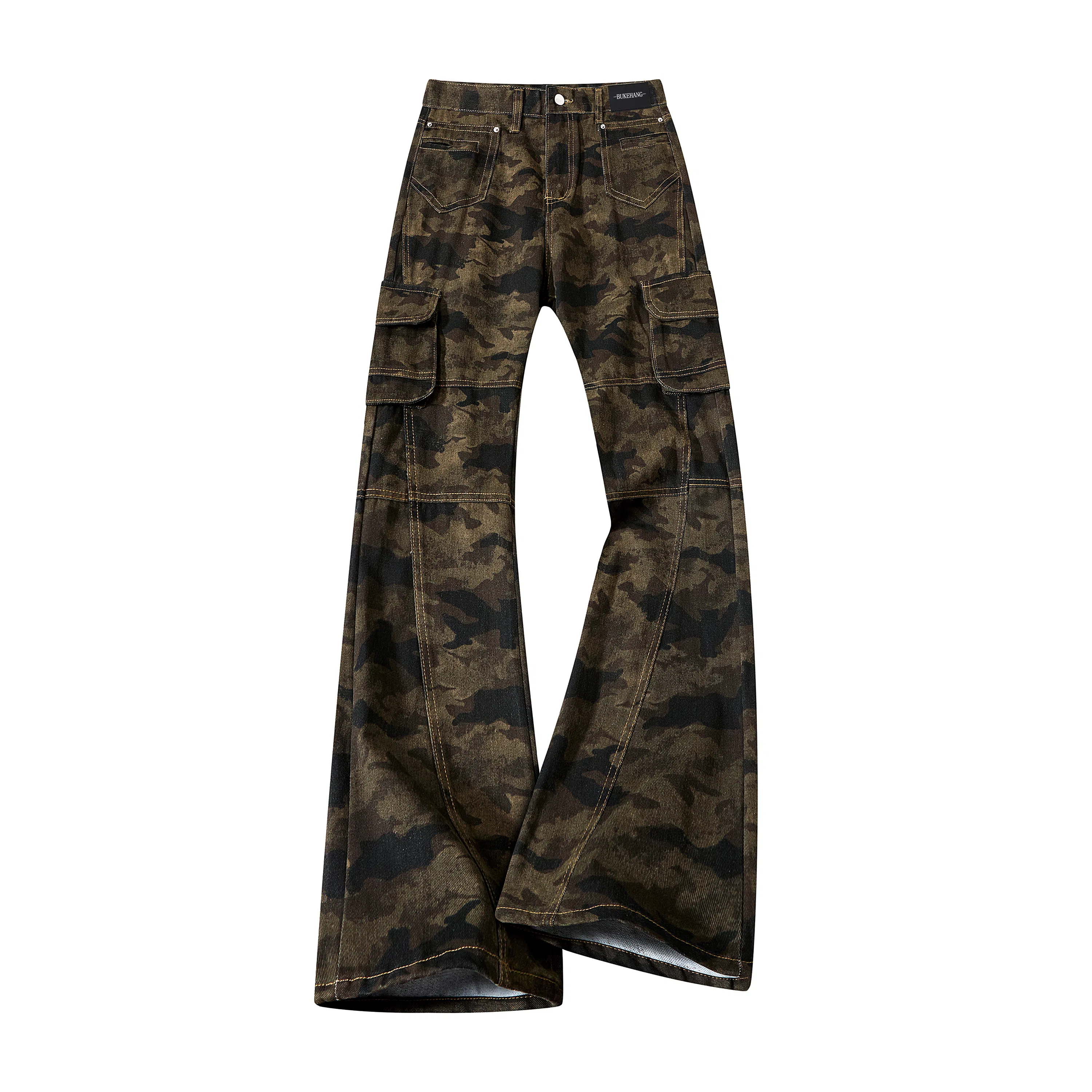 布客行 美式水洗复古侧边多口袋工装裤亲肤柔软百搭牛仔显高显瘦迷彩运动微喇修身长裤子直筒阔腿弯刀拼接重工废土风休闲裤 男女同款