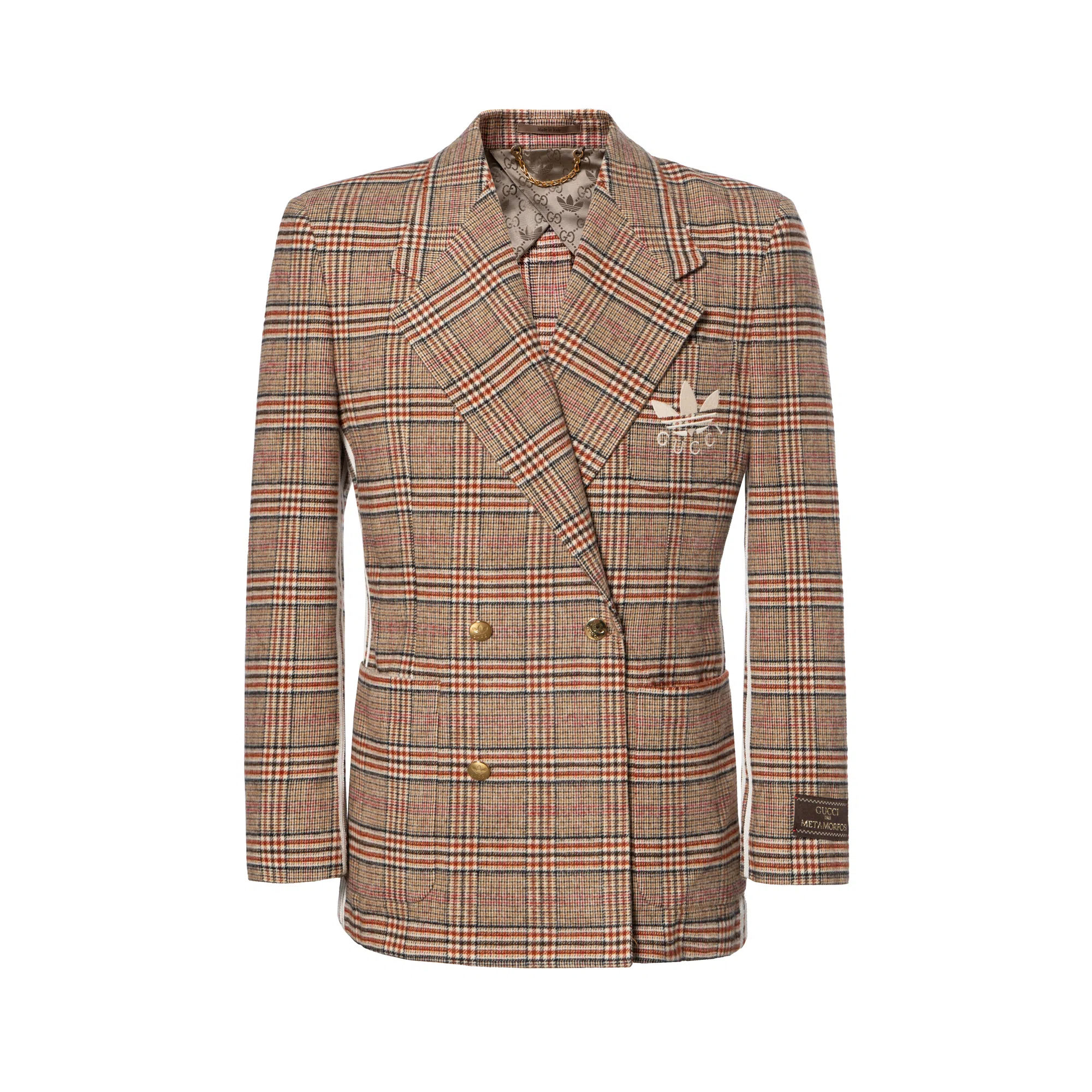 Gucci x adidas Logo Check Double-Breasted Blazer Beige