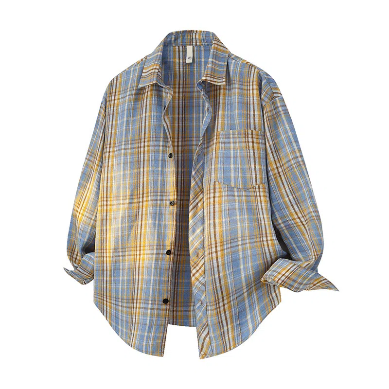 顶峰保罗 美式复古撞色格子宽松休闲衬衣外套春秋穿搭情侣款通勤潮流百搭高级感翻领衬衫 男女同款