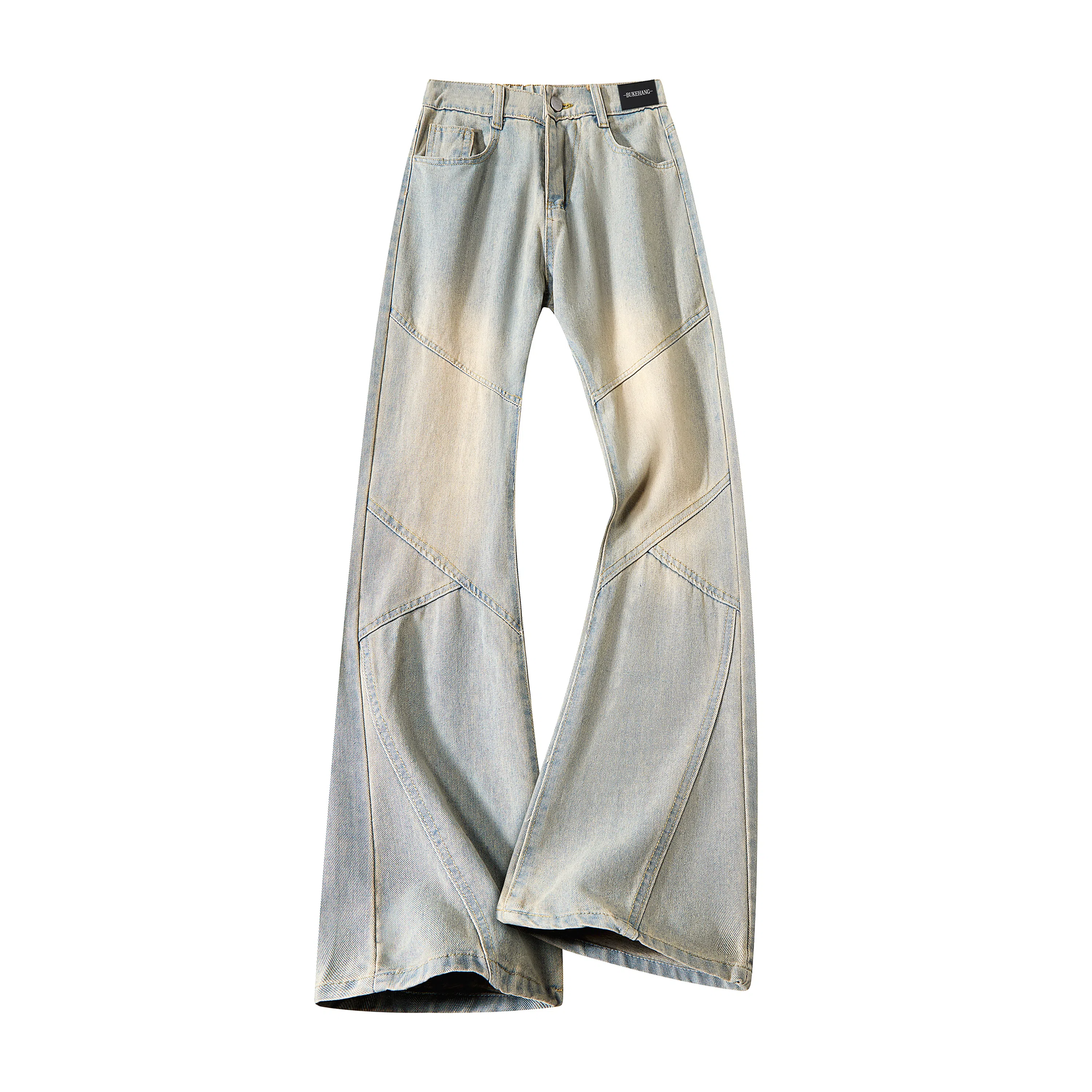 布客行 黄泥染微喇复古美式高街拼接设计长裤子废土风修身水洗做旧通勤休闲百搭垂感显高显瘦直筒弯刀阔腿弹力松紧腰柔软牛仔裤 男女同款