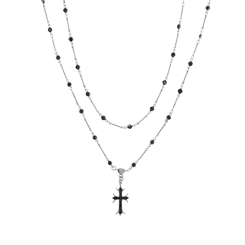 阿葱饰品 暗黑风格哥特式设计十字架吊坠 轻奢气质闪锆点缀双层叠戴 甜酷辣妹潮流百搭 钛钢 项链 女款