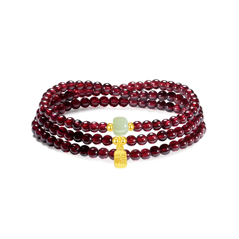 【S925银 福气满满】 福韵金  六桂福 榴玉纳福串珠新中式国风高级气质百搭福牌本命年转运必备叠戴手饰好运 琉璃 天然石榴玉石手串 女款