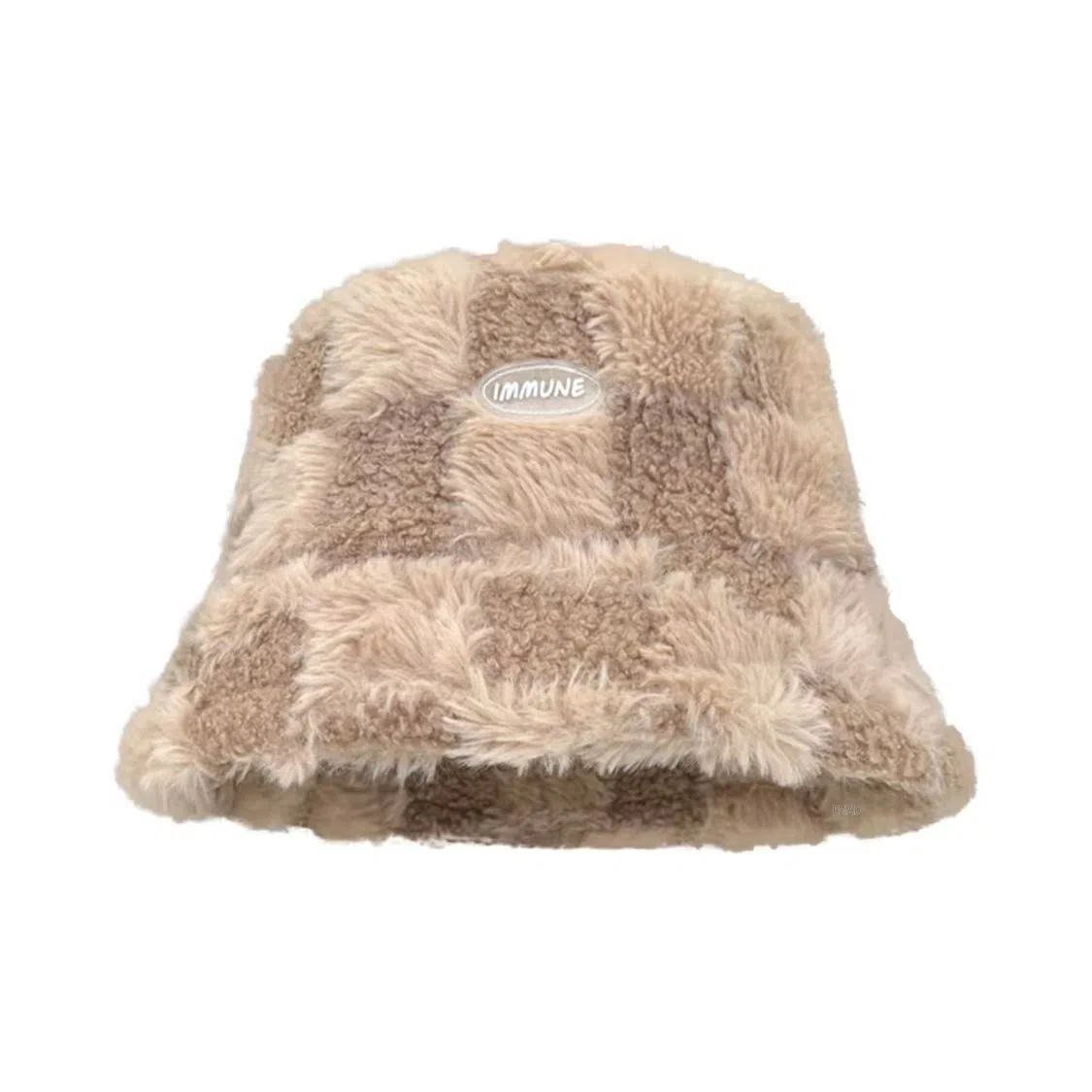 恩僾德 棋盘格毛绒女秋冬季高颜值显脸小大头围大号大码羊羔毛水桶盆帽 涤纶 渔夫帽 男女同款情侣款