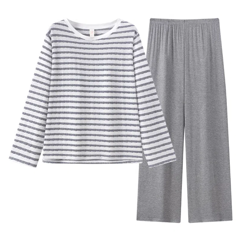 静英鸾 简约灰白条纹休闲舒适时尚可外穿家居服睡衣套装 女款