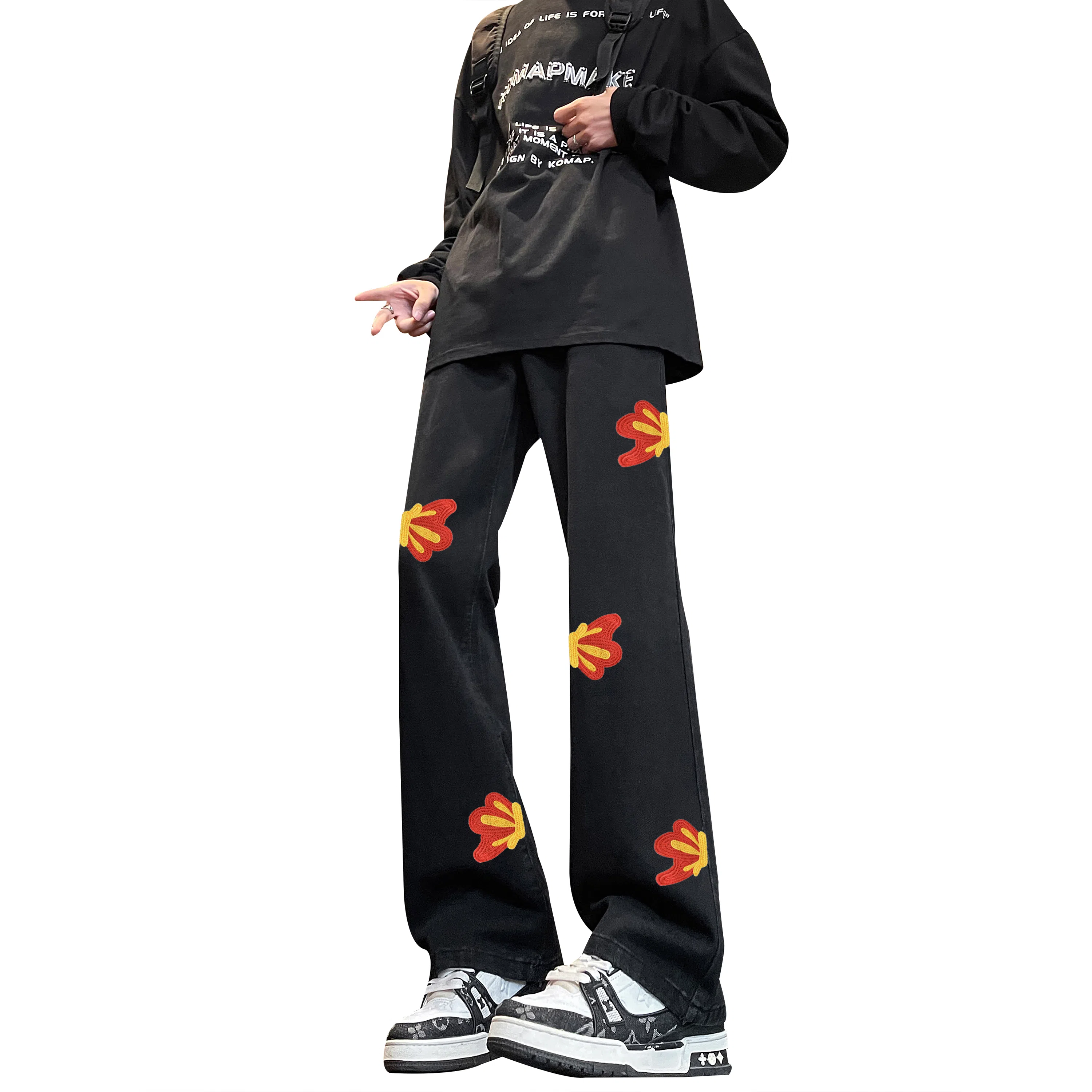 布客行 【毛巾绣刺绣钩花系列】复古巴黎柳叶弯刀美式水洗高街亲肤透气直筒阔腿休闲百搭微喇纯色显高显瘦显腿长裤弹力牛仔裤 男女同款