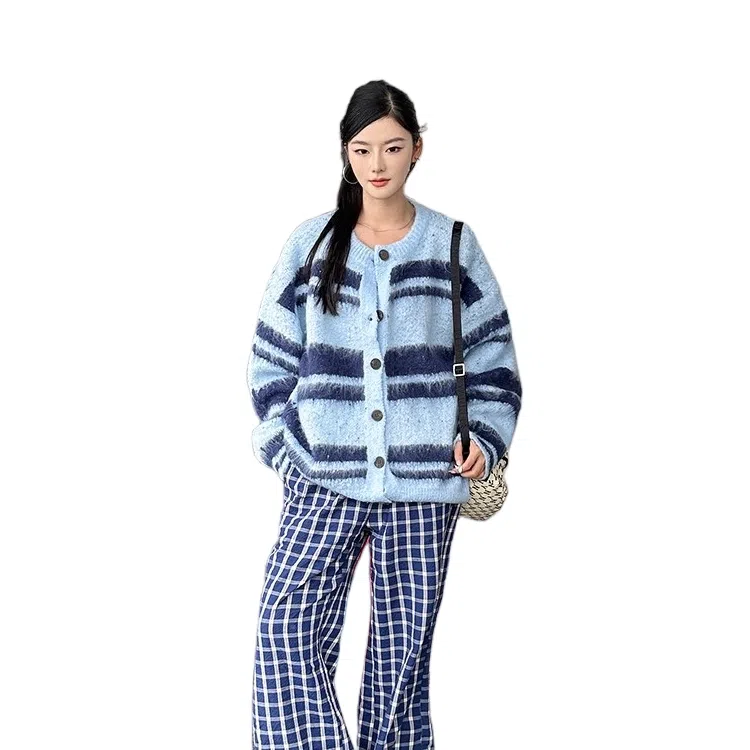 虫小绿 美式复古软糯仿貂毛开衫毛衣外套秋冬季潮流宽松休闲上衣百搭慵懒风保暖针织衫 男女同款