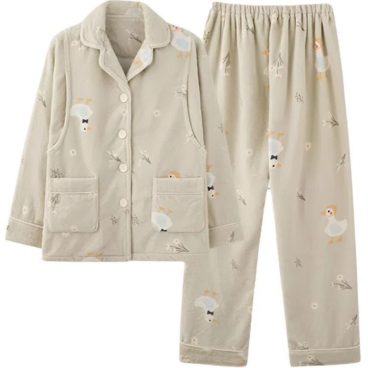 莫代尔 冬季加厚加绒怀孕期珊瑚绒月子服秋冬款产后哺乳家居服女士睡衣套装 女款