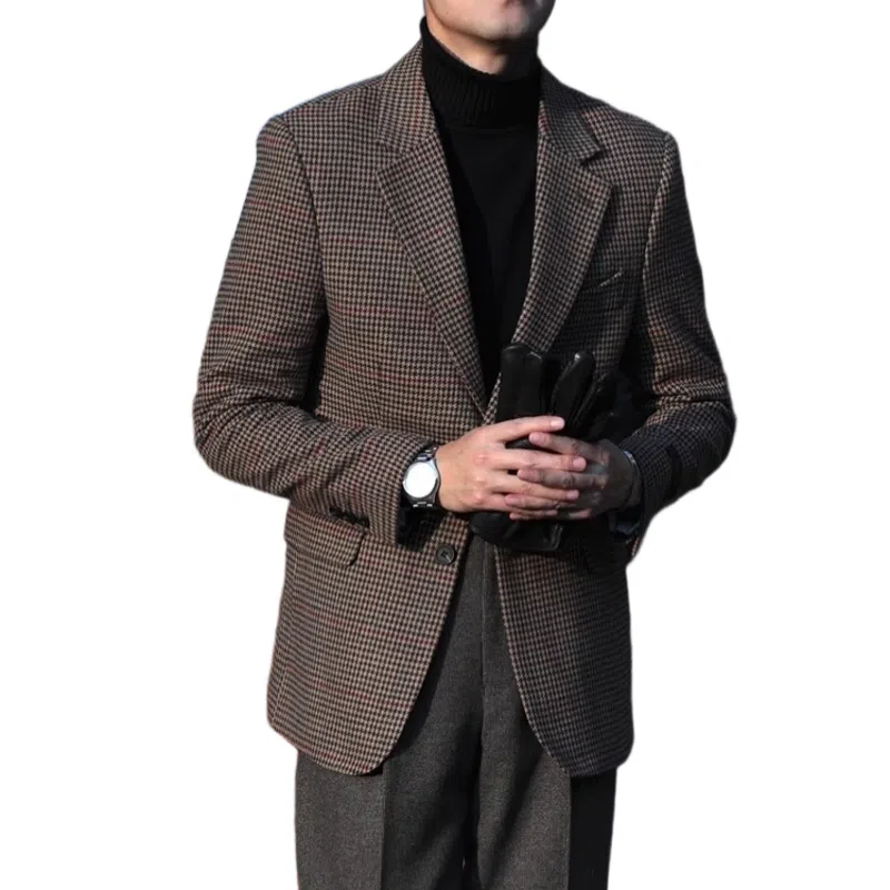 大格子与黑猫 意式复古格纹羊毛呢绅士修身西服英伦商务格子雅痞秋冬千鸟格 西装 男款
