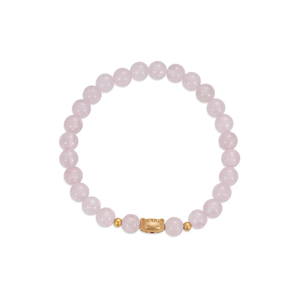 【S925银 高品质】 七七银饰 萌趣法棍猫 童真可爱招财小猫咪 童话梦幻 小众简约设计感时尚 精致时尚优雅 好运 粉水晶 手串 女款