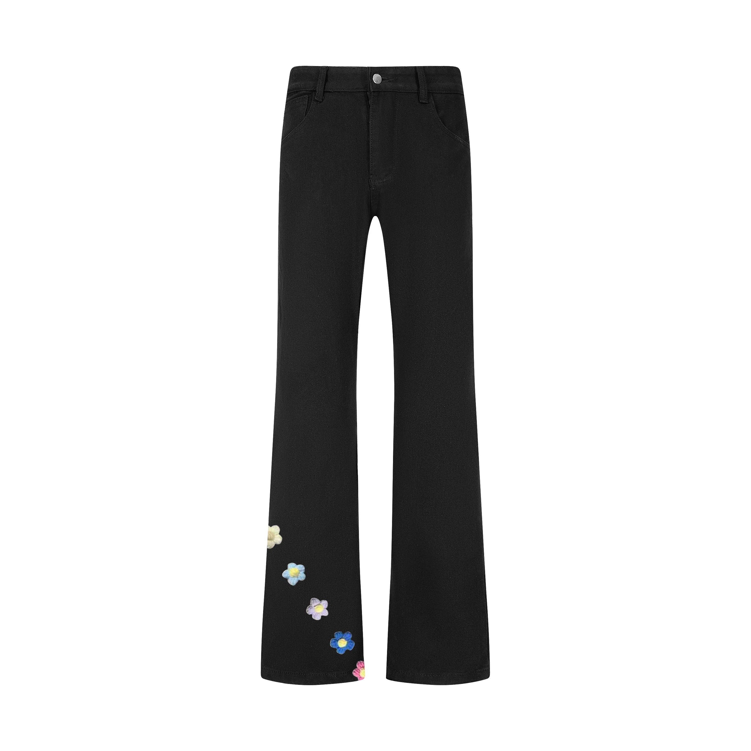 【3D立体浮雕花卉线绒刺绣黑牛】布客行 显高显瘦显腿长美式复古高街修身水洗直筒微喇基础款舒适休闲百搭弯刀弹力长裤子牛仔裤 男女同款