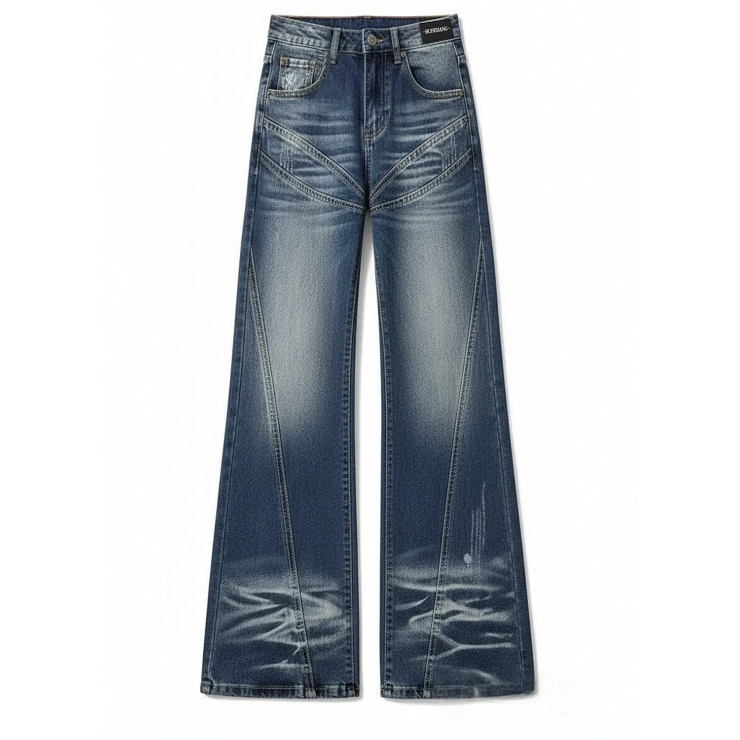 布客行 美式拼接斜切水波纹理直筒阔腿显高显瘦复古蓝宽松舒适休闲百搭蓝色拖地垂感弯刀微喇长裤子水洗做旧高街柔软舒适牛仔裤 男女同款