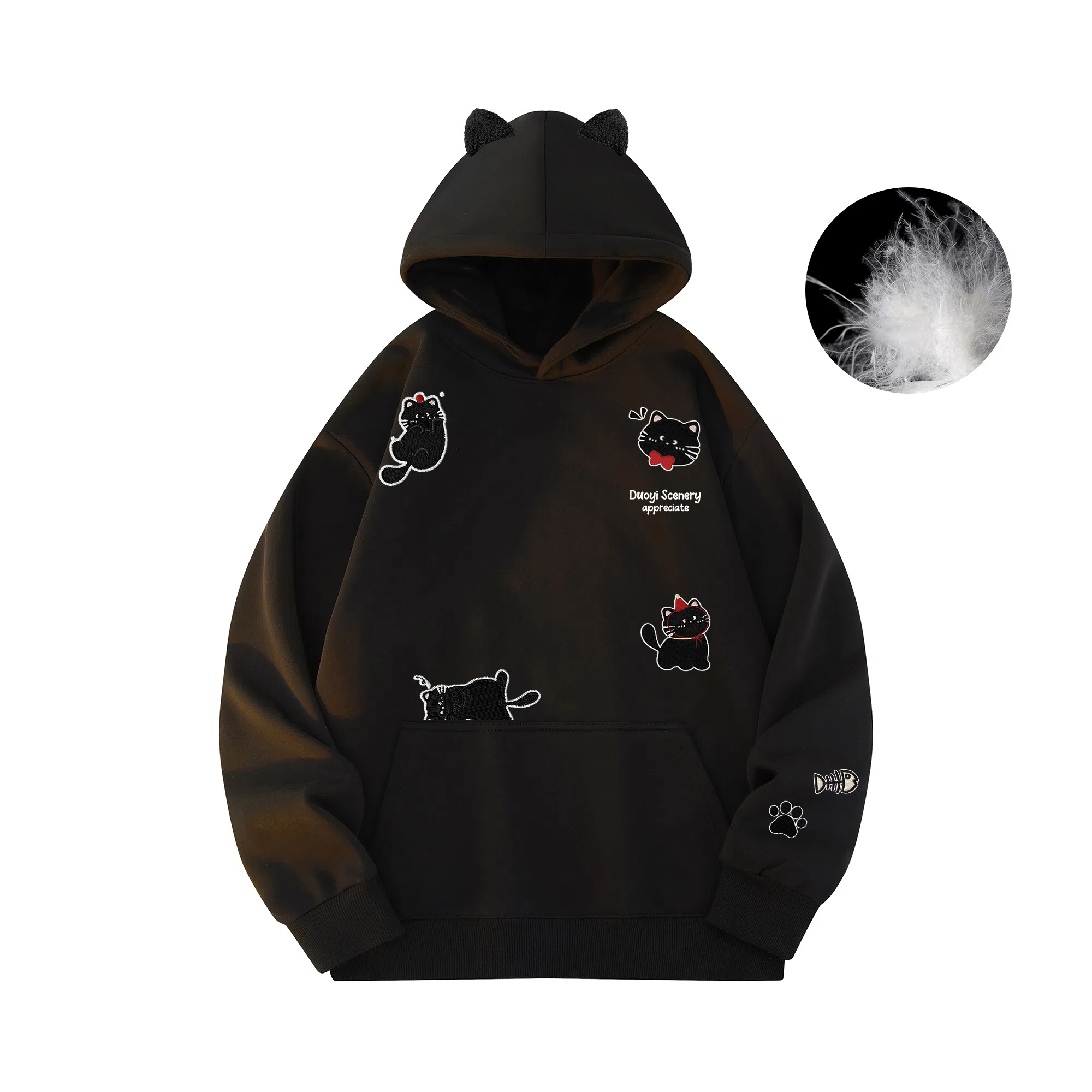 Duoyi Hooded Down Pullover Black Cat Logo