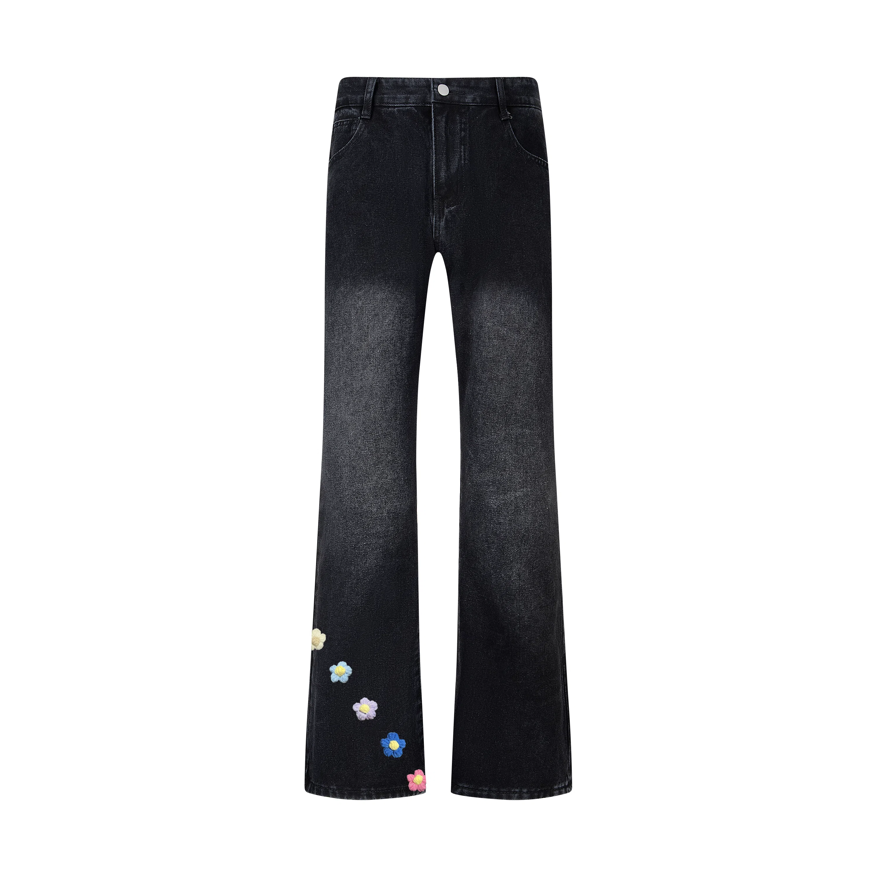 【3D立体浮雕花卉线绒刺绣黑牛】布客行 显高显瘦显腿长美式复古高街修身水洗直筒微喇基础款舒适休闲百搭弯刀弹力长裤子牛仔裤 男女同款