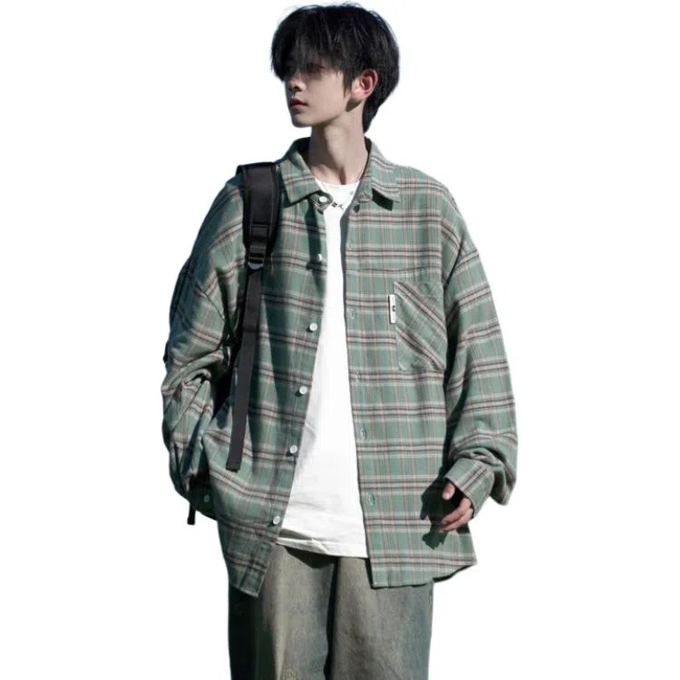洋气先生 美式复古简约高级感时尚潮流气质百搭经典格纹文艺风日常休闲宽松舒适慵懒氛围感开衫单排扣翻领长袖外套衬衫 男女同款