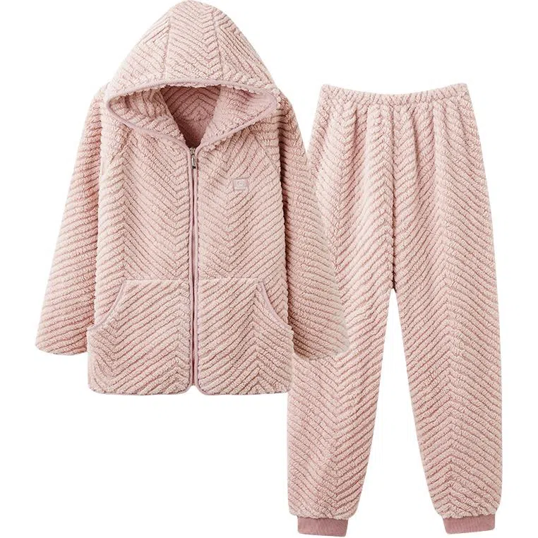 莫代尔 珊瑚绒女秋冬季加厚套头连帽法兰绒保暖家居服冬天舒适睡衣套装 女款