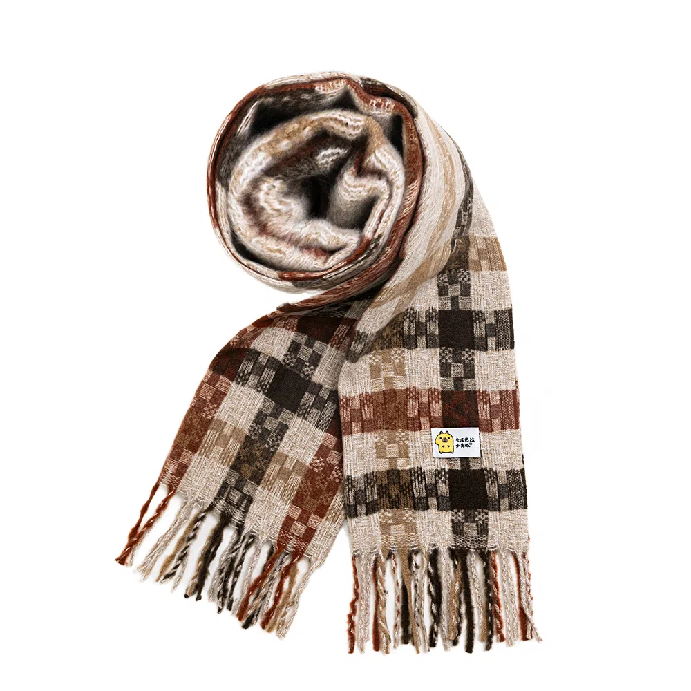 卡皮巴拉小黄豚 保暖高级感百搭格纹流苏设计氛围感加厚时尚温暖简约复古 聚酯纤维 绒线围巾 男女同款情侣款