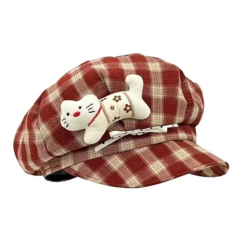 恩僾德 宅系小猫蝴蝶结格纹八角帽可爱显脸小高颜值甜美百搭帽子潮#好运 涤纶 贝雷帽 男女同款情侣款