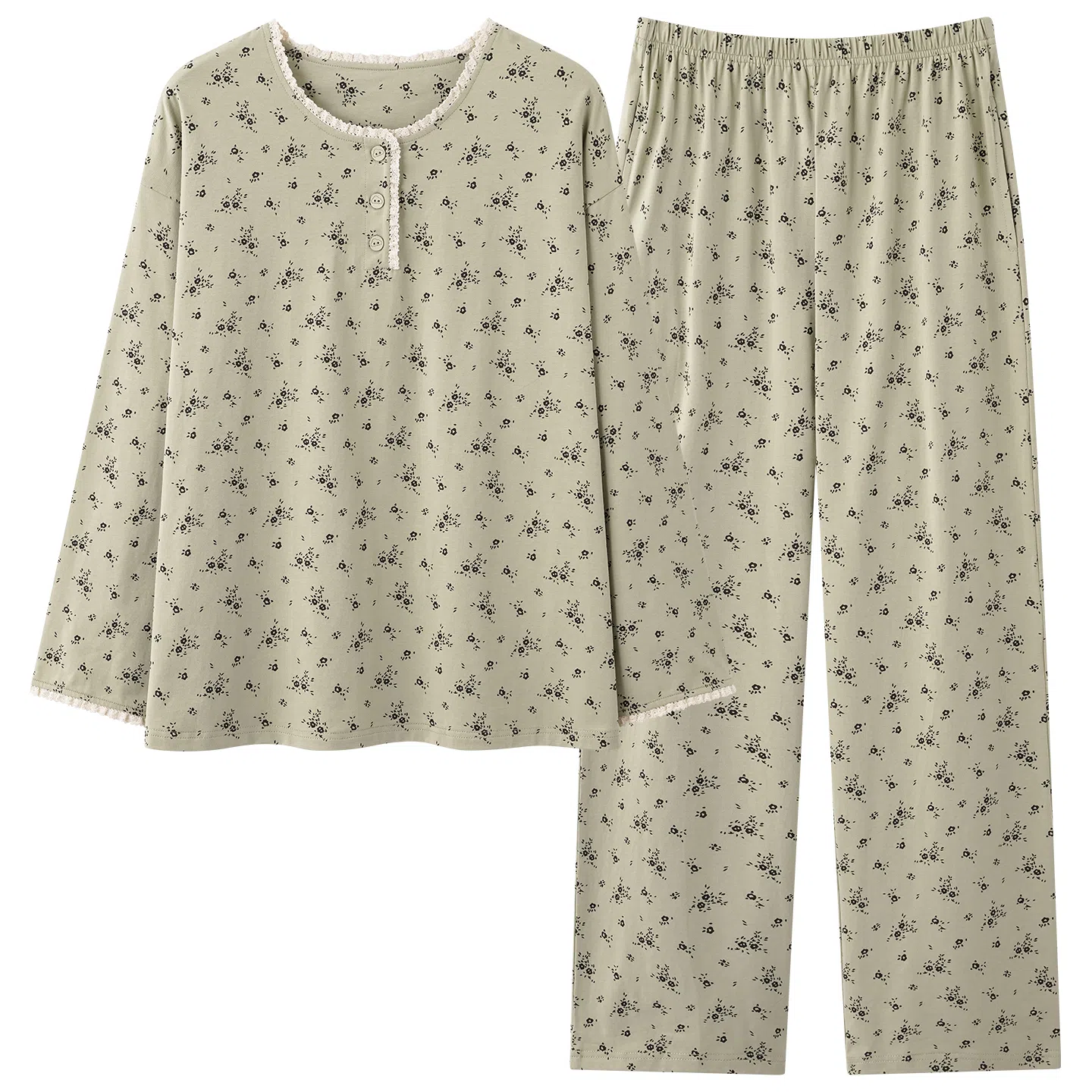 莫代尔 清新轻盈透气百搭纯棉圆领套头舒适亲肤细腻长袖长裤家居服可外穿睡衣套装 女款