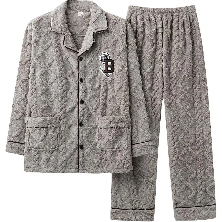 莫代尔 男士冬季珊瑚绒加厚加绒大码男生秋冬天保暖法兰绒家居服睡衣套装 男款