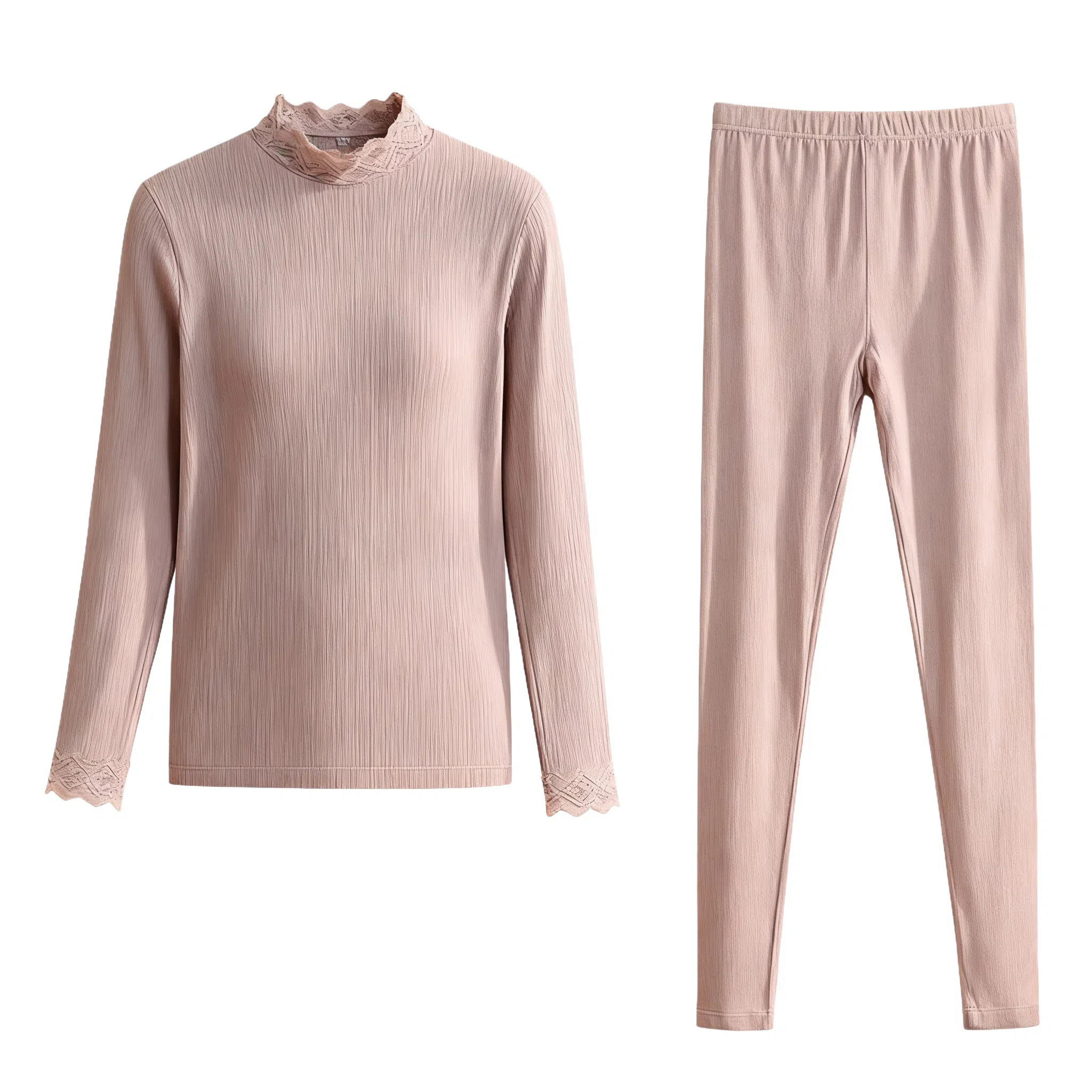 兰缪 腈纶发热纱中领内衣女生修身秋衣秋裤柔软舒适云朵般触感无痕轻薄收腰塑性蕾丝圆领居家服时尚优雅保暖套装 女款