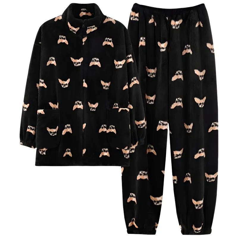 莫代尔 秋冬季珊瑚绒加绒加厚保暖法兰绒休闲拉链款家居服可外穿舒适睡衣套装 男款