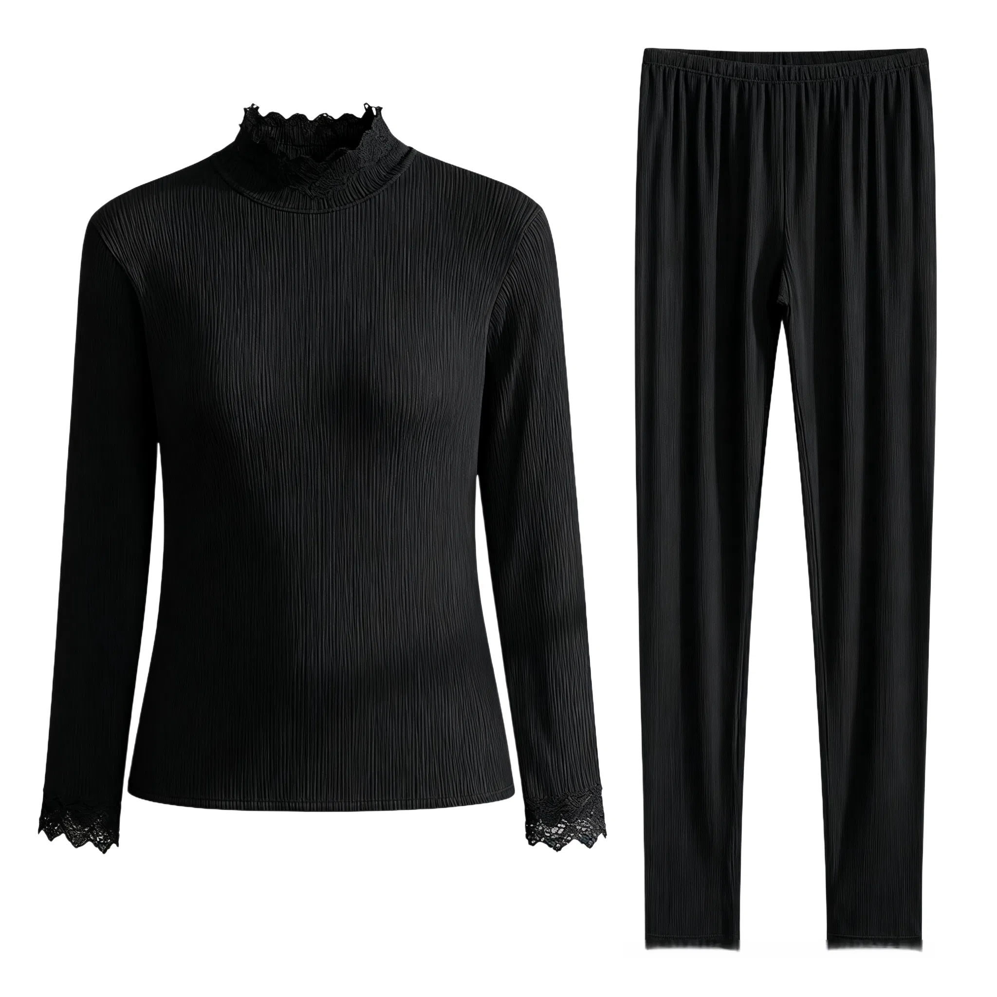 兰缪 腈纶发热纱中领内衣女生修身秋衣秋裤柔软舒适云朵般触感无痕轻薄收腰塑性蕾丝圆领居家服时尚优雅保暖套装 女款