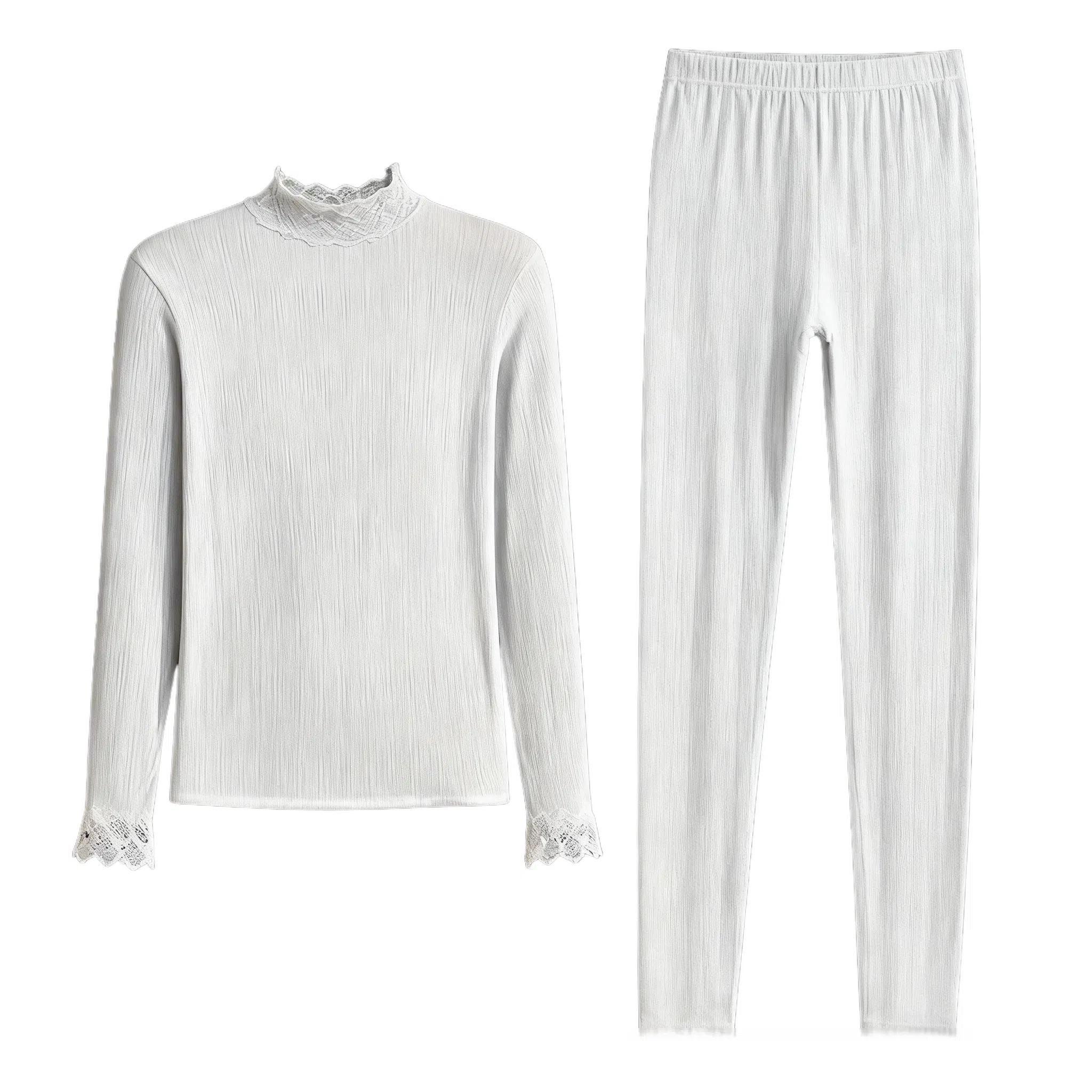 兰缪 腈纶发热纱中领内衣女生修身秋衣秋裤柔软舒适云朵般触感无痕轻薄收腰塑性蕾丝圆领居家服时尚优雅保暖套装 女款