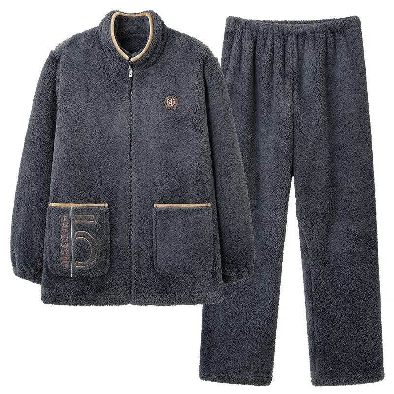 莫代尔 男士秋冬季冬款男生加厚加绒保暖珊瑚绒拉链可外穿家居服柔软睡衣套装 男款