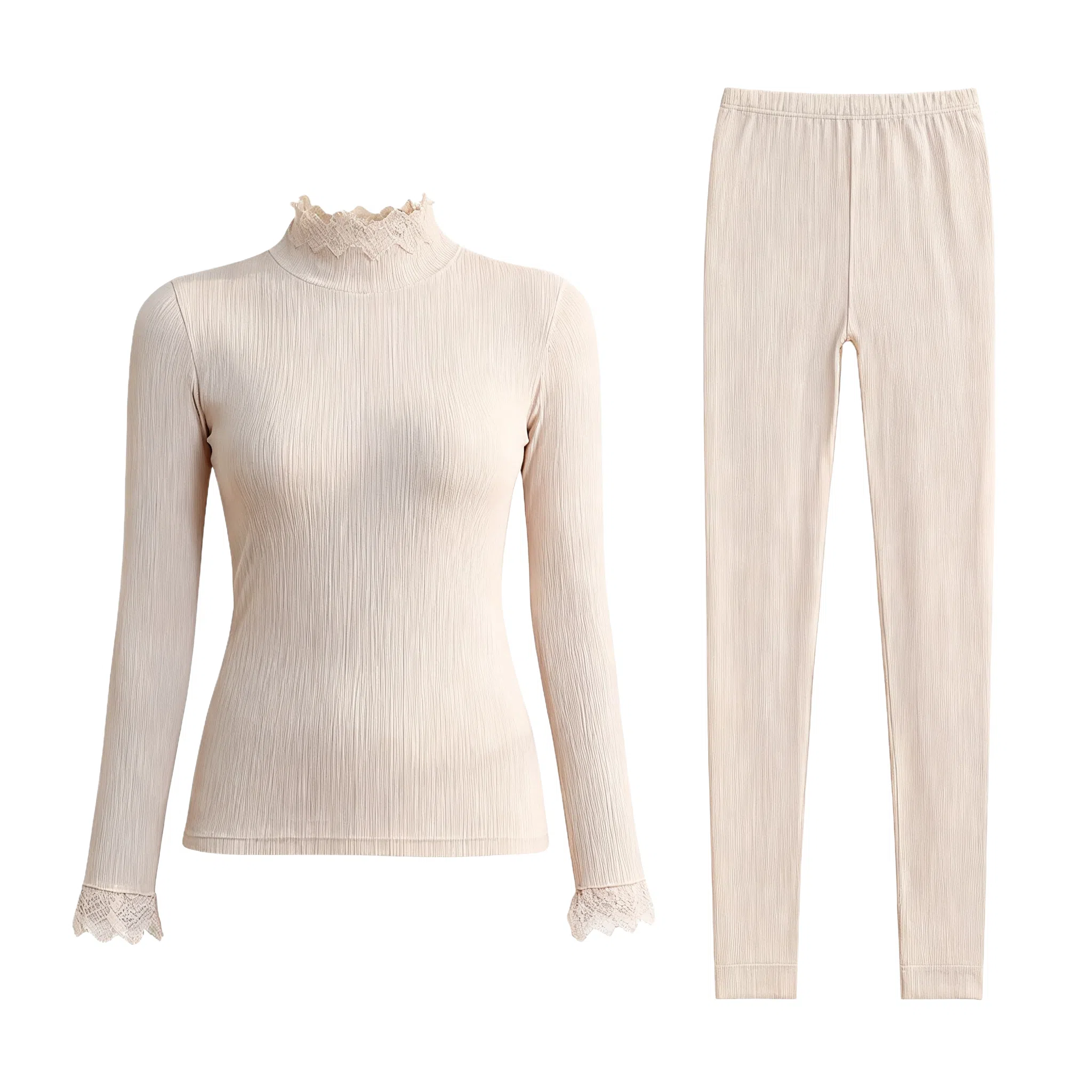 兰缪 腈纶发热纱中领内衣女生修身秋衣秋裤柔软舒适云朵般触感无痕轻薄收腰塑性蕾丝圆领居家服时尚优雅保暖套装 女款