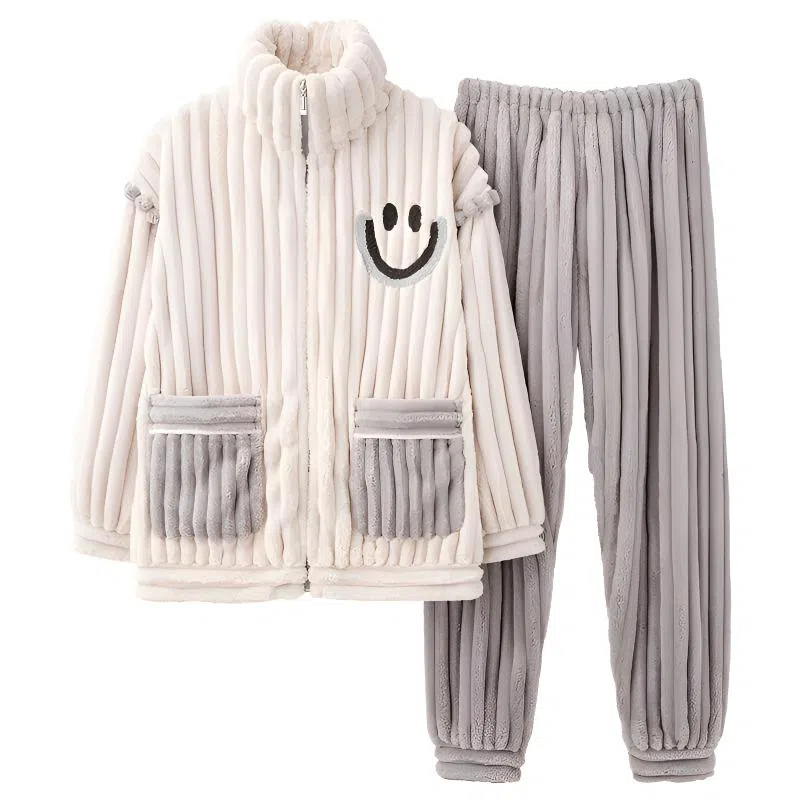 莫代尔 珊瑚绒男秋冬季加绒加厚男生拉链保暖法兰绒男士冬天款家居服睡衣套装 女款