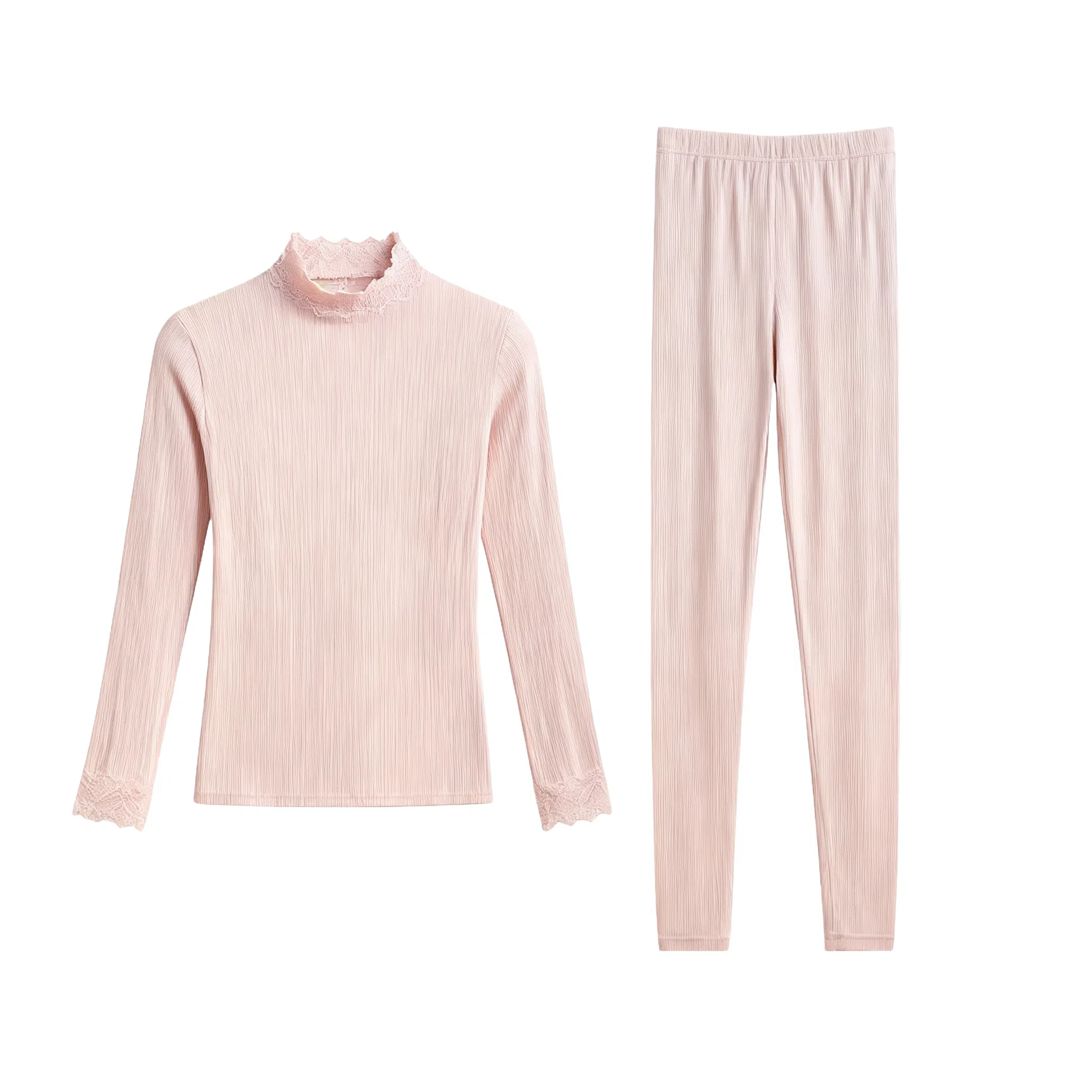 兰缪 腈纶发热纱中领内衣女生修身秋衣秋裤柔软舒适云朵般触感无痕轻薄收腰塑性蕾丝圆领居家服时尚优雅保暖套装 女款