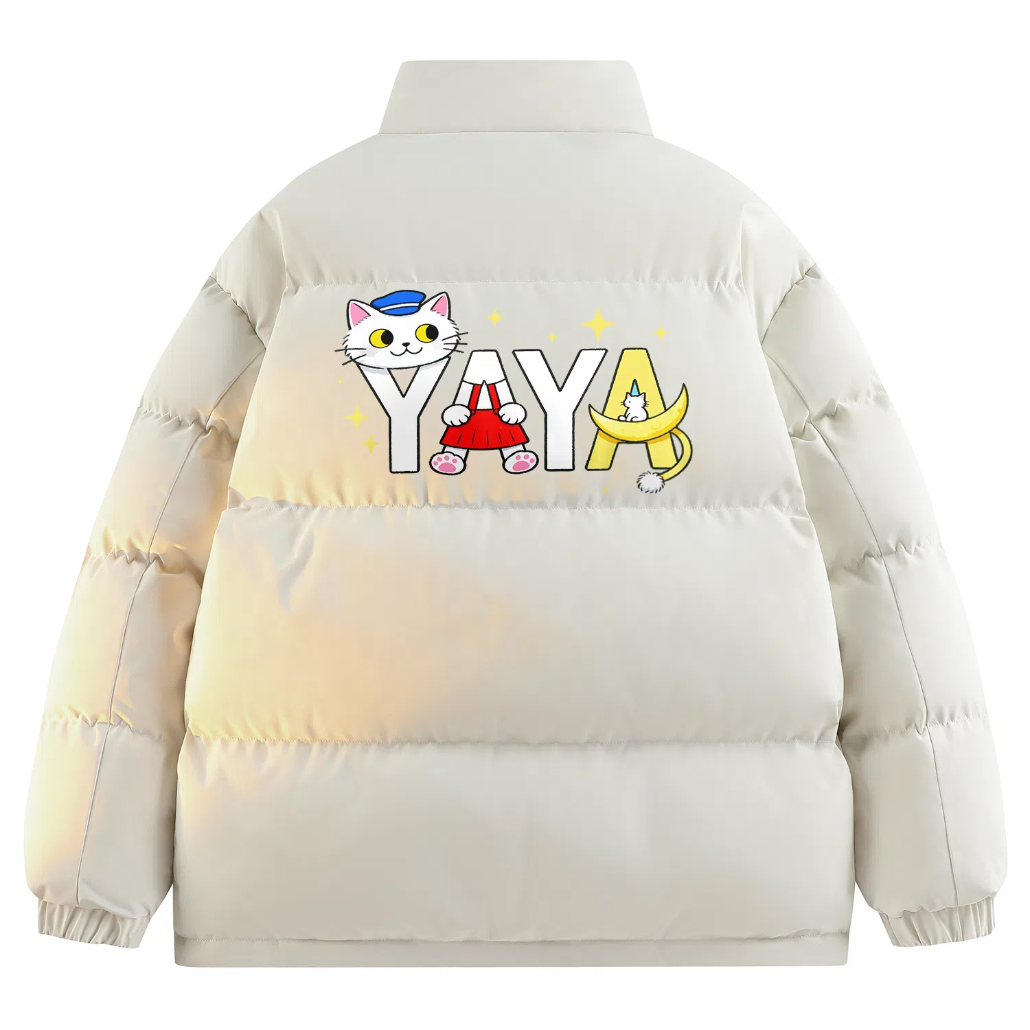 鸭鸭 高蓬松系列 美式高街学院风高级百搭猫猫头图案云朵泡芙防风保暖抗寒聚热锁温防钻绒舒适宽松面包服立领羽绒服 男女同款