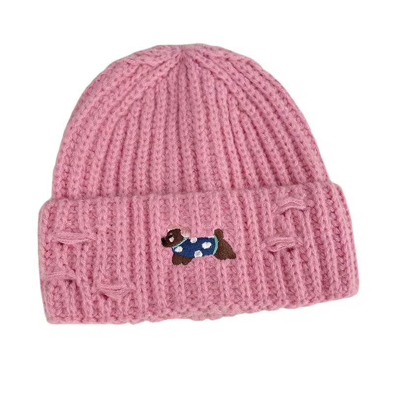 艾佳微 秋季上课通勤保暖潮牌可爱小狗刺绣百搭加厚保暖护耳针织帽帽子 涤纶 绒线帽 男女同款情侣款