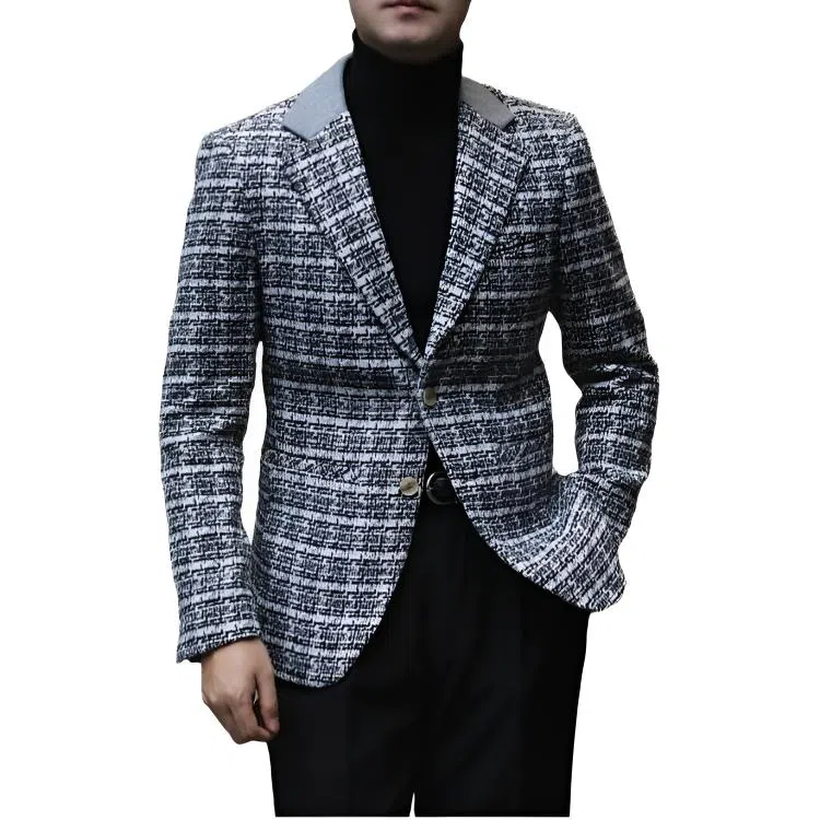 大格子与黑猫 英伦时髦秋冬厚款拼接小香风羊毛混纺保暖复古休闲修身外套西装 男款