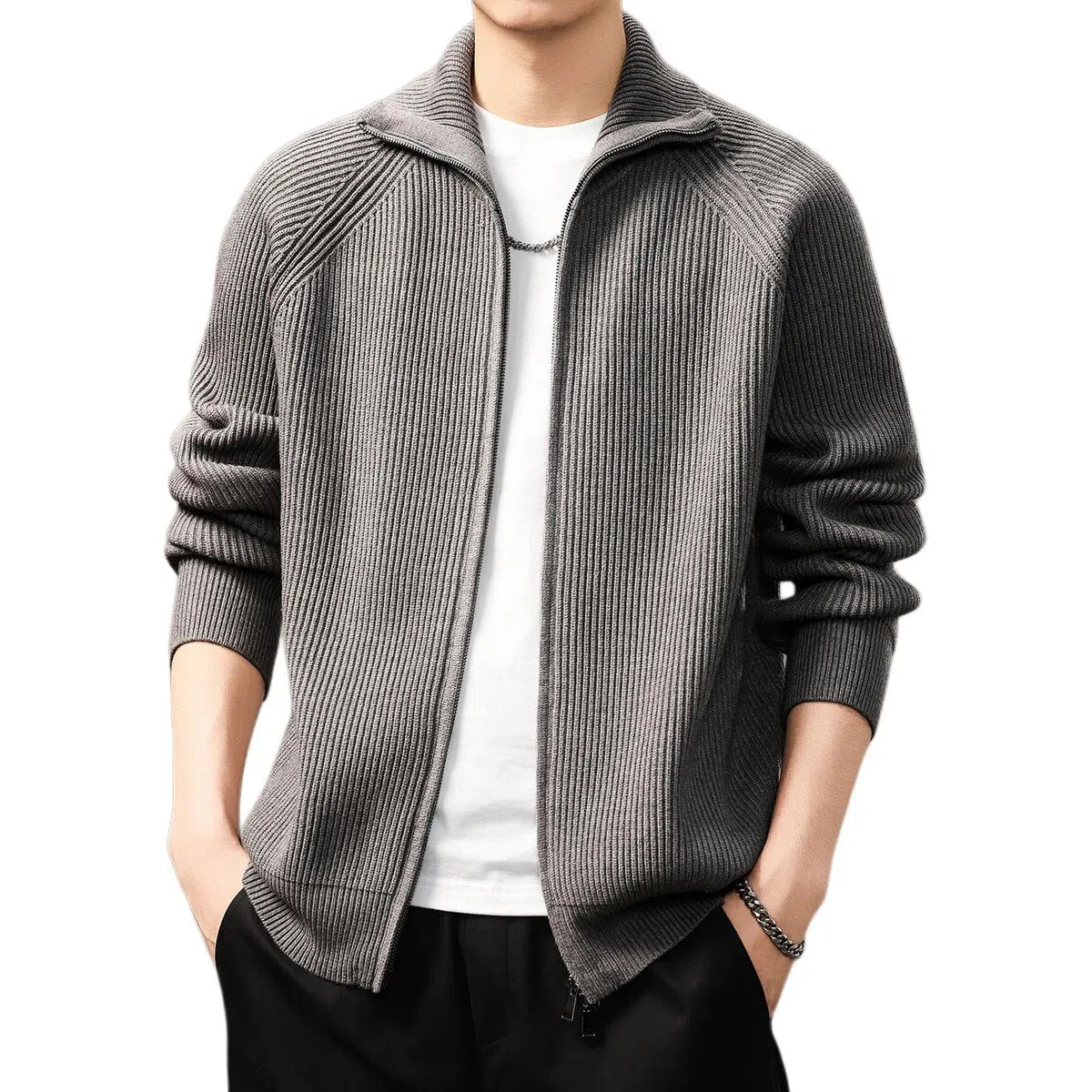 贵色 美式轻熟风双拉链毛线衣开衫休闲翻领保暖针织衫 男女同款