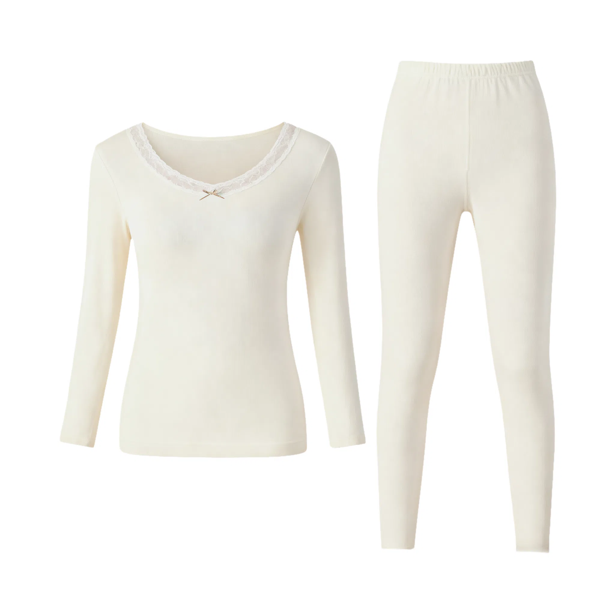 兰缪 桑蚕丝发热绵羊毛蕾丝圆领内衣轻薄修身显瘦高弹服帖亲肤柔软秋衣秋裤保暖套装 女款