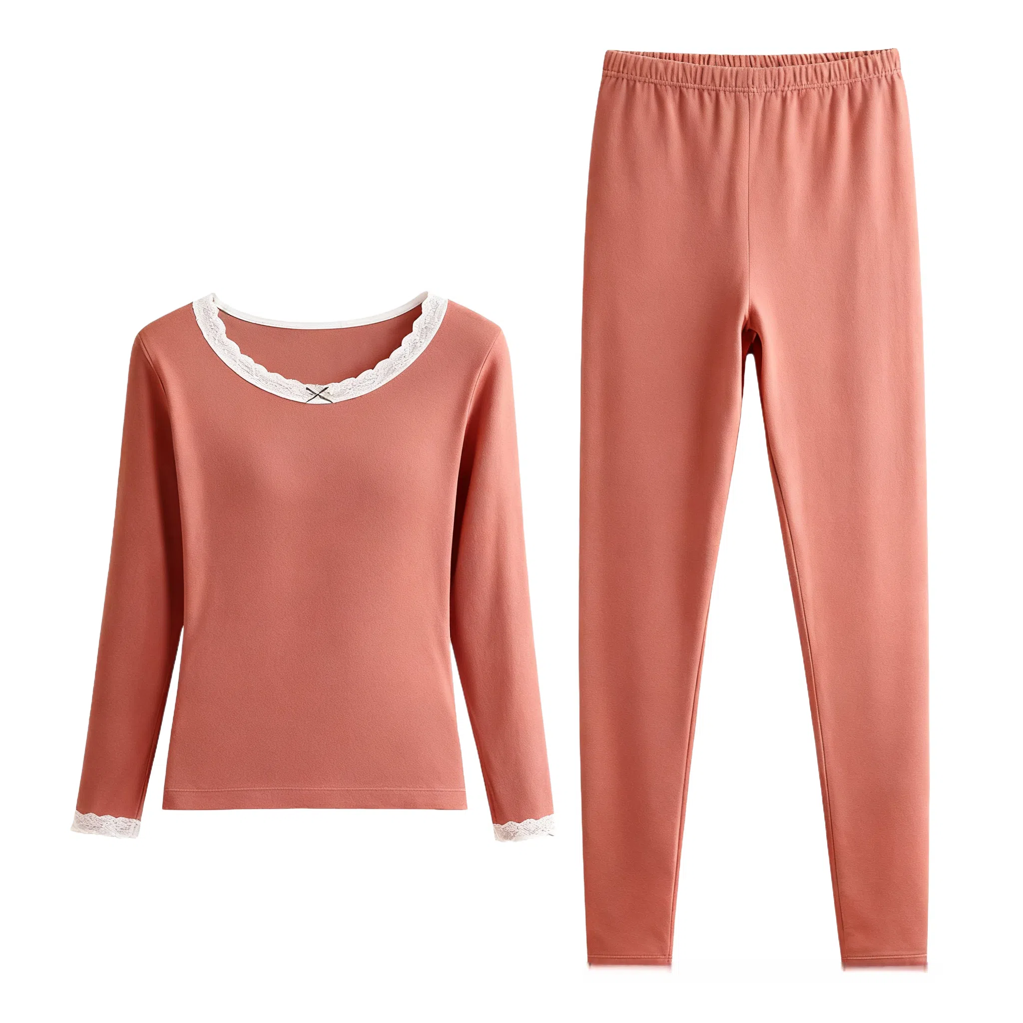 兰缪 桑蚕丝发热绵羊毛蕾丝圆领内衣轻薄修身显瘦高弹服帖亲肤柔软秋衣秋裤保暖套装 女款