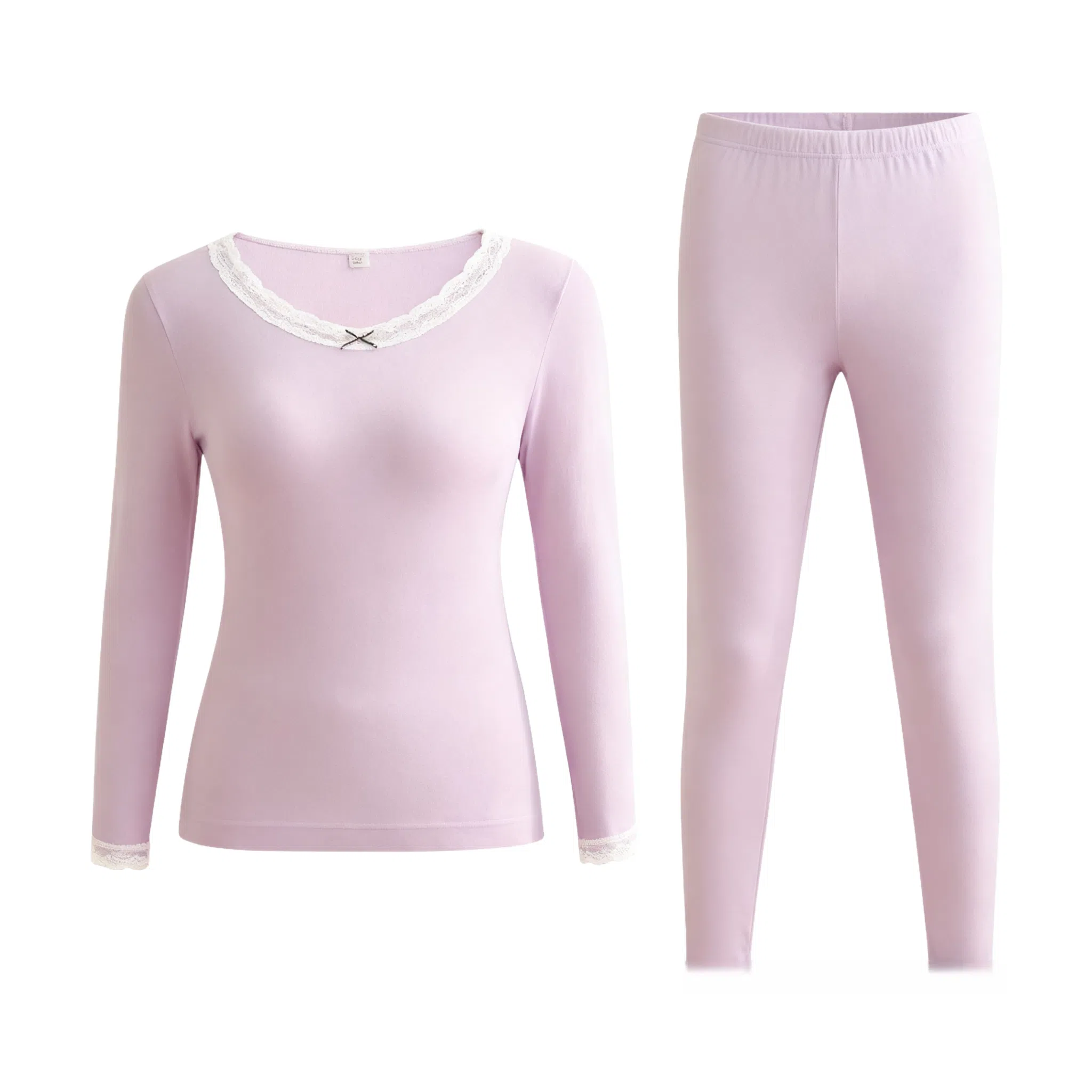 兰缪 桑蚕丝发热绵羊毛蕾丝圆领内衣轻薄修身显瘦高弹服帖亲肤柔软秋衣秋裤保暖套装 女款