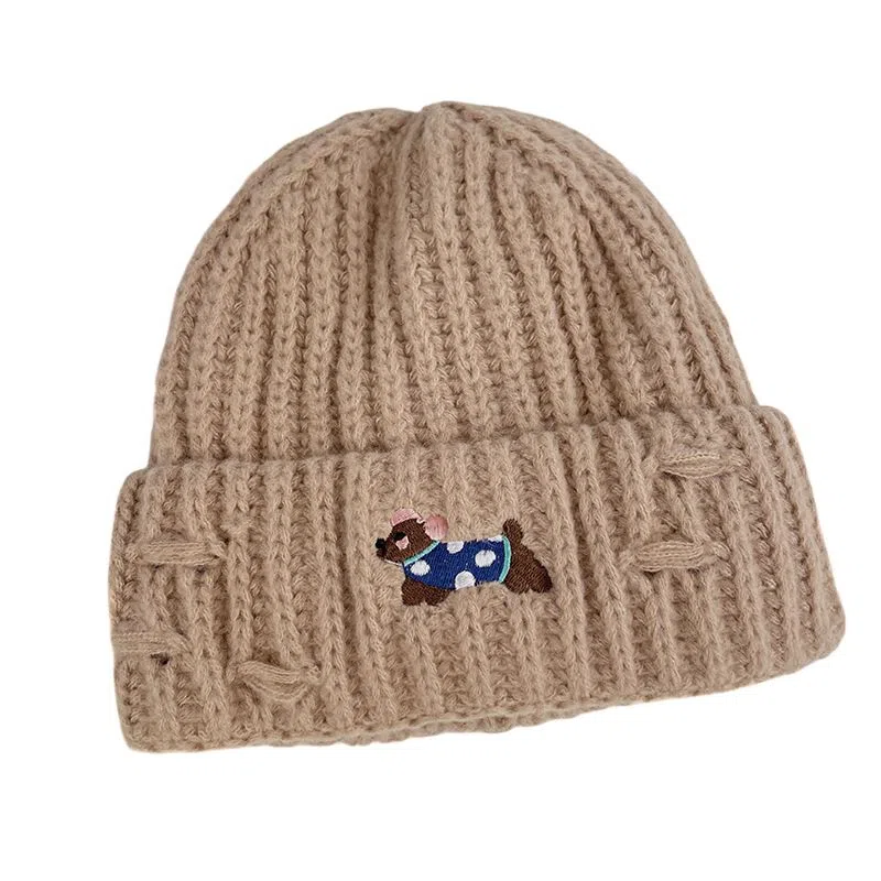 艾佳微 秋季上课通勤保暖潮牌可爱小狗刺绣百搭加厚保暖护耳针织帽帽子 涤纶 绒线帽 男女同款情侣款