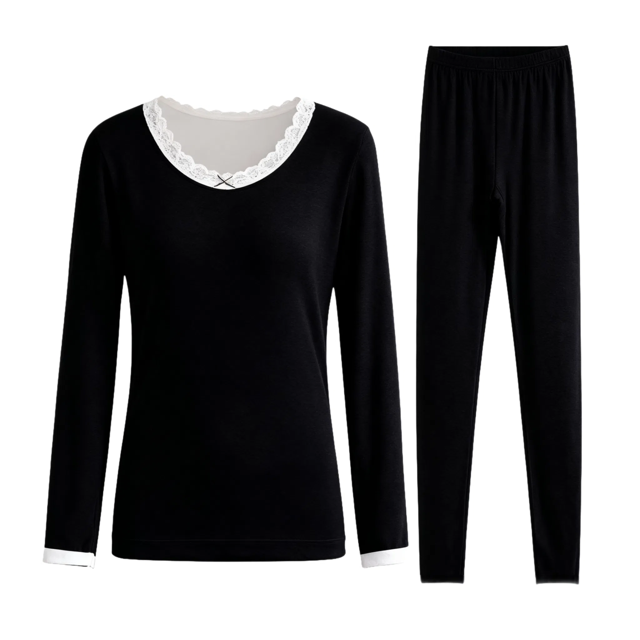 兰缪 桑蚕丝发热绵羊毛蕾丝圆领内衣轻薄修身显瘦高弹服帖亲肤柔软秋衣秋裤保暖套装 女款