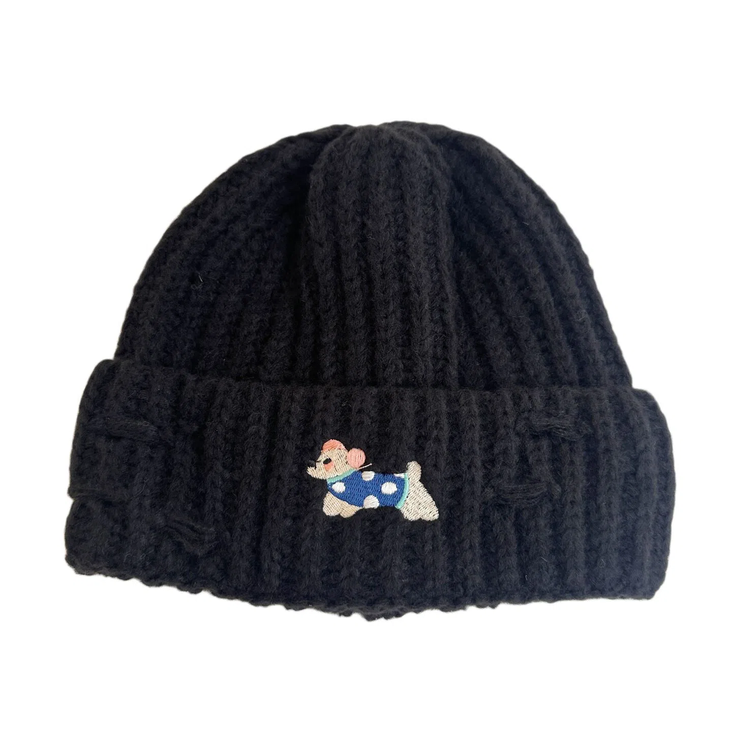 艾佳微 秋季上课通勤保暖潮牌可爱小狗刺绣百搭加厚保暖护耳针织帽帽子 涤纶 绒线帽 男女同款情侣款