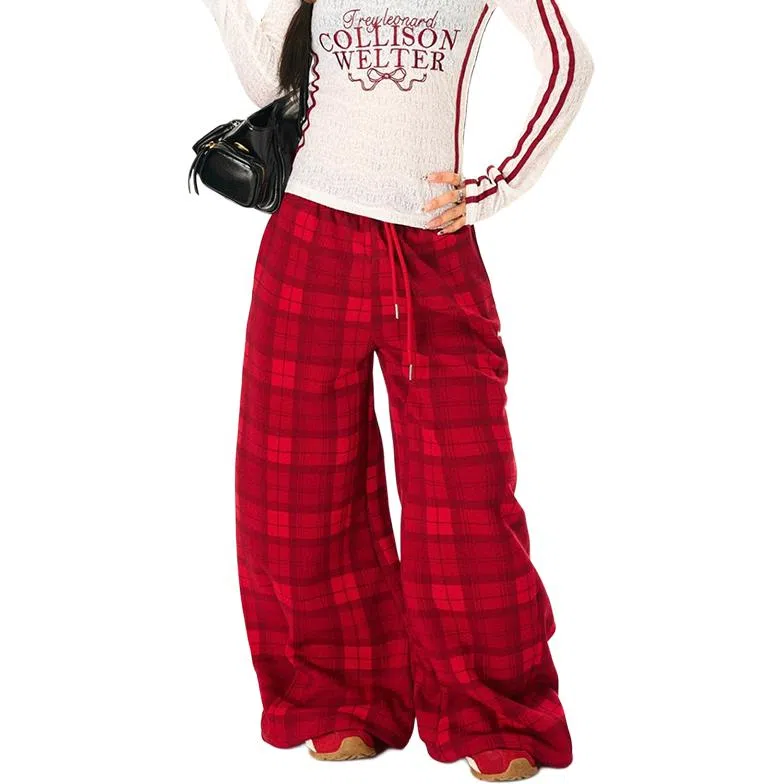 YICHEN Vintage Plaid Wide Leg Pants