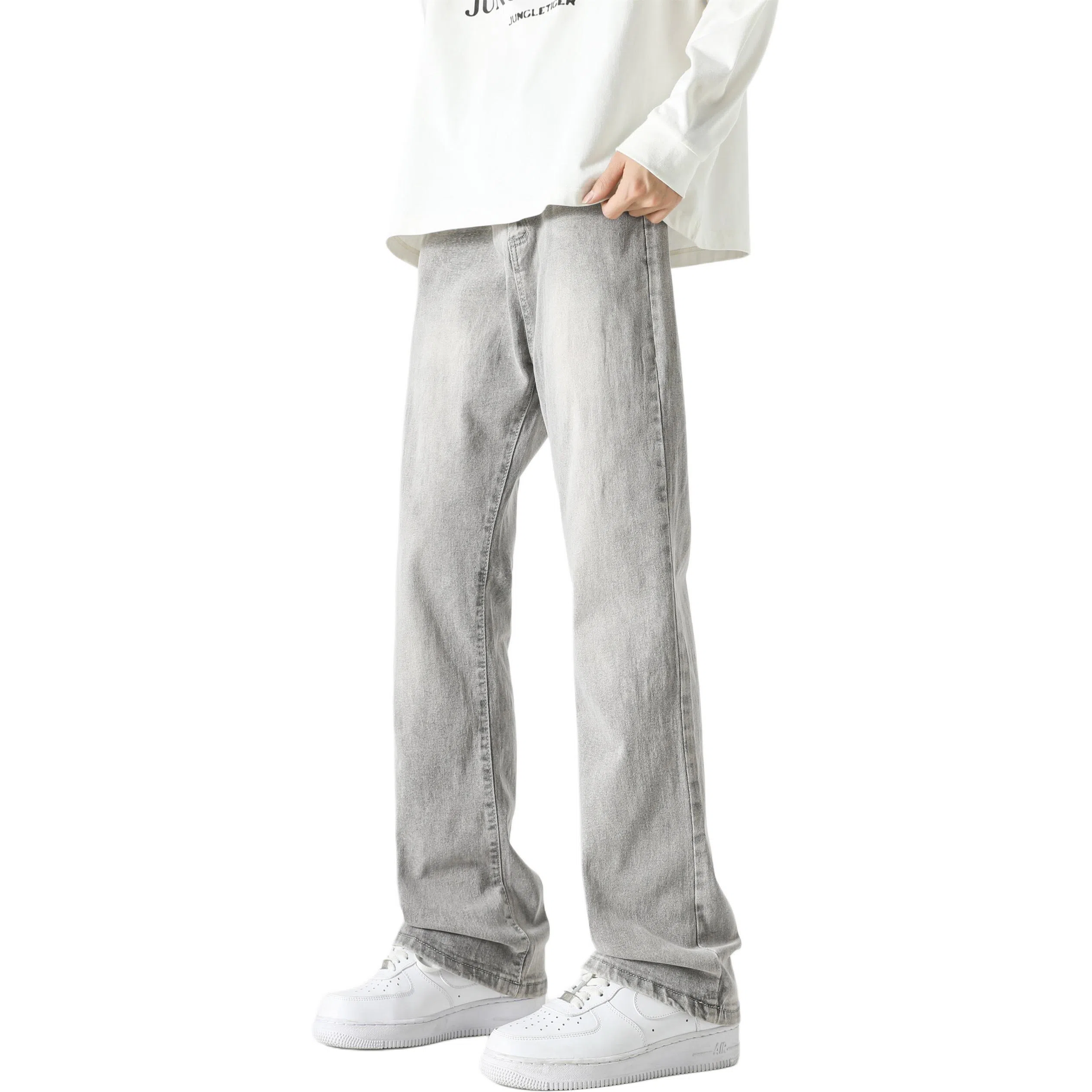 八哥 美式复古高街【弯刀黑牛】简约基础款水洗做旧中腰系带修身纯色直筒阔腿百搭弹力黄泥染薄款微喇牛仔裤 男女同款