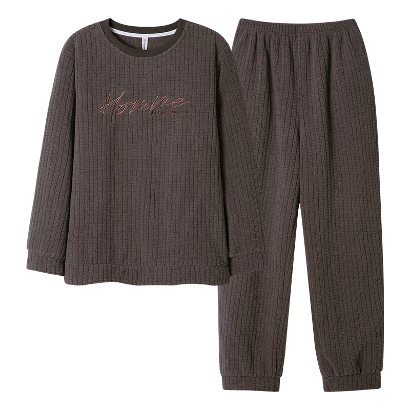 莫代尔 男士秋冬季加厚加绒套头长袖保暖珊瑚绒海岛绒家居服睡衣套装 男款