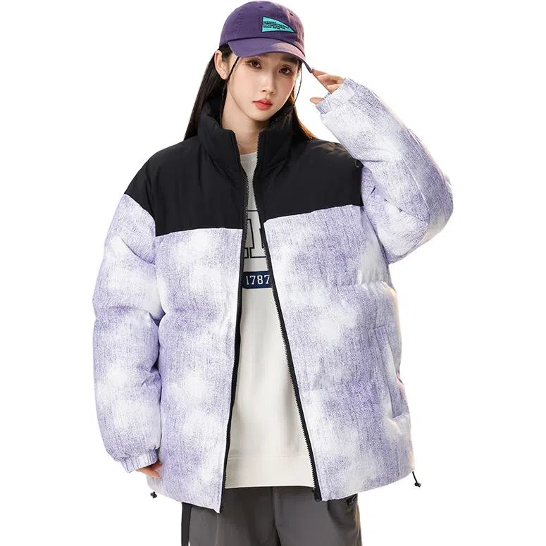洋气先生 洋气潮牌美式潮流撞色拼接高颜值扎染渐变设计纯色痞帅防风无性别主义保暖抗寒舒适柔软宽松户外通勤百搭拉链外套棉服 男女同款
