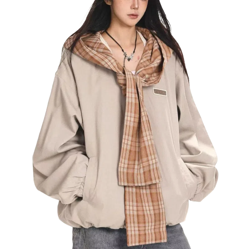 一碗士多  格子拼接围巾披肩撞色小众个性化高级感设计无性别主义宽松休闲舒适百搭情侣日常城市户外通勤学院风棒球服 男女同款