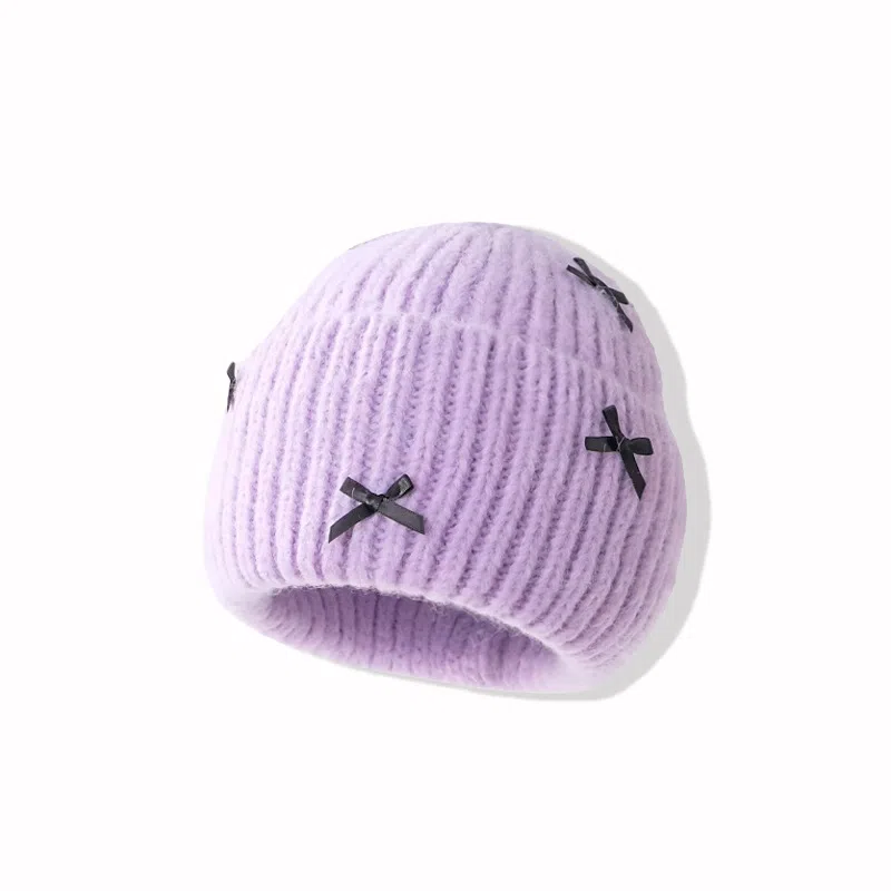 【可爱蝴蝶结】 无限兔 冬季保暖加厚套头帽百搭甜美防寒冷帽包头帽时尚大头围包头帽毛线针织帽子 聚酯纤维 绒线帽 男女同款情侣款