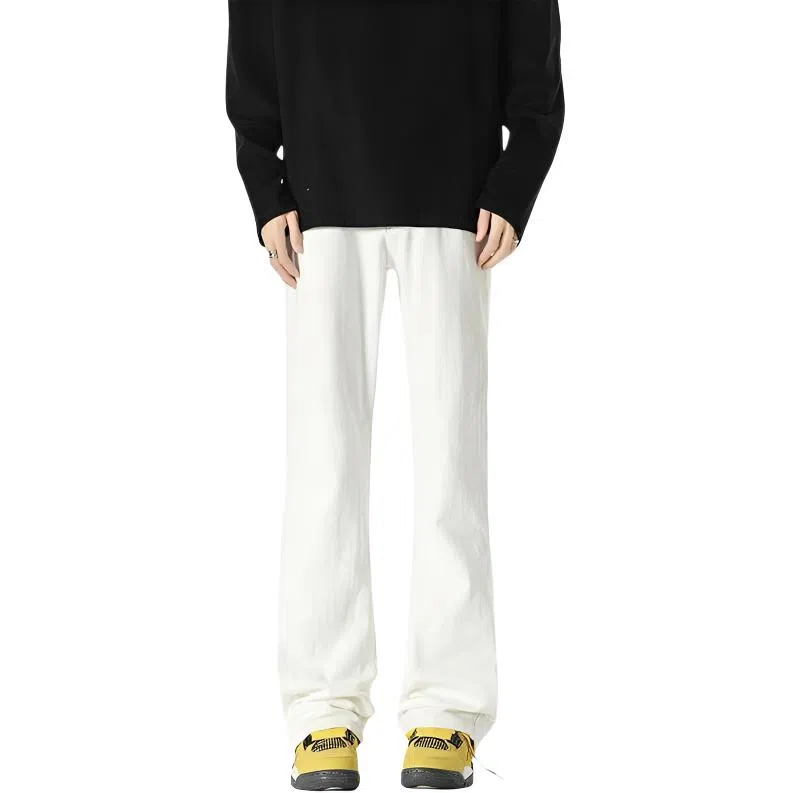 八哥 美式复古高街【弯刀黑牛】简约基础款水洗做旧中腰系带修身纯色直筒阔腿百搭弹力黄泥染薄款微喇牛仔裤 男女同款