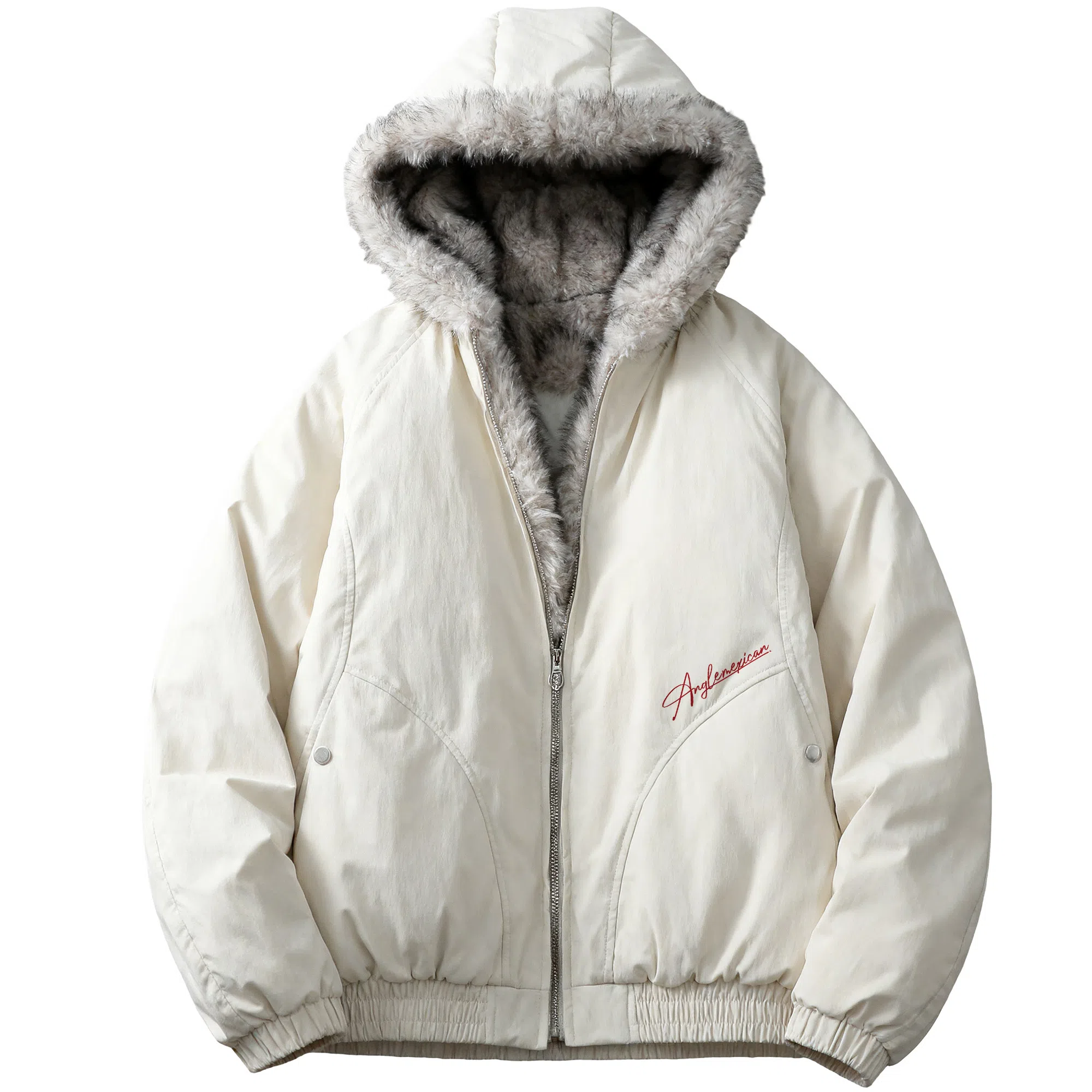 稻草人 美式高街品牌艺术英文字母印花座山雕毛领仿狐狸毛休闲宽松纯色加厚短款夹克高级感连帽保暖舒适百搭长袖飞行外套棉服 男女同款