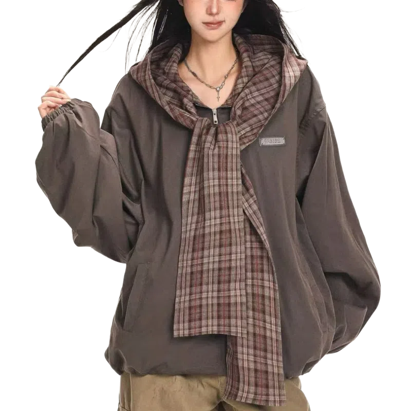 一碗士多  格子拼接围巾披肩撞色小众个性化高级感设计无性别主义宽松休闲舒适百搭情侣日常城市户外通勤学院风棒球服 男女同款